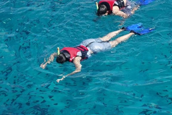 a group of people swimming in a body of water