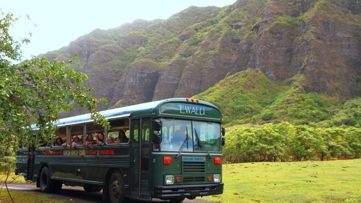a bus driving down a mountain road