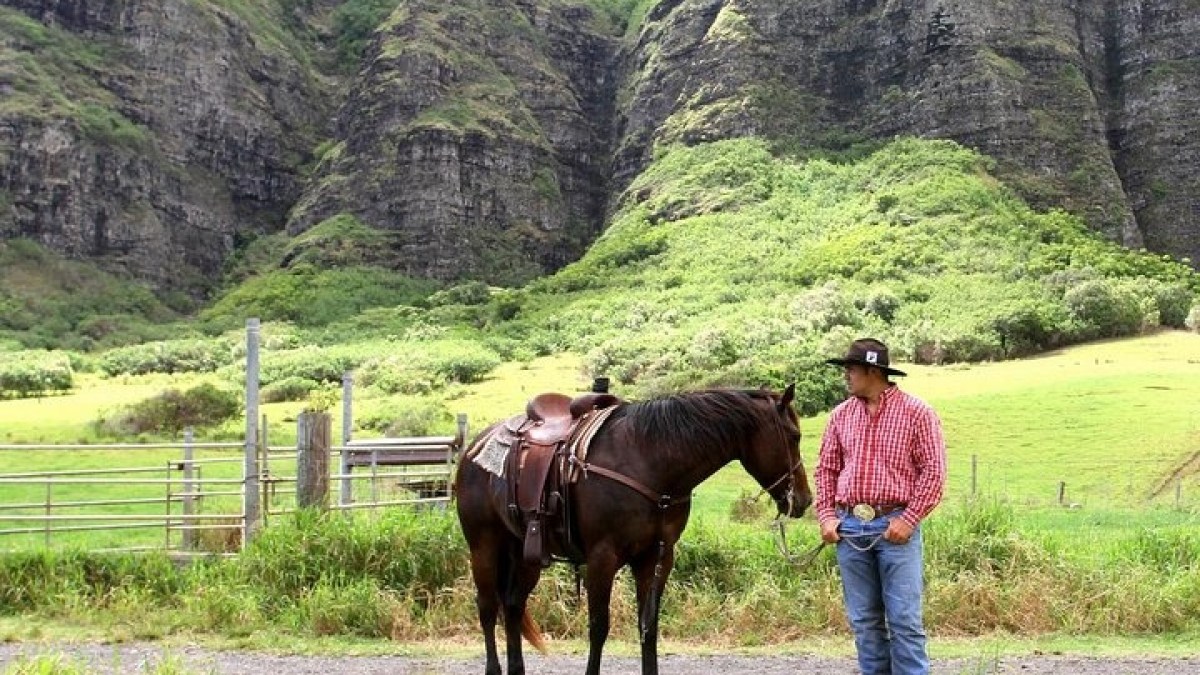 a man riding a horse with a mountain in the background