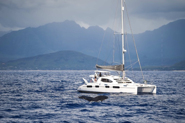 a small boat in a body of water with a mountain in the background