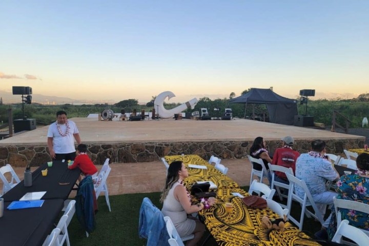 a group of people sitting at a picnic table