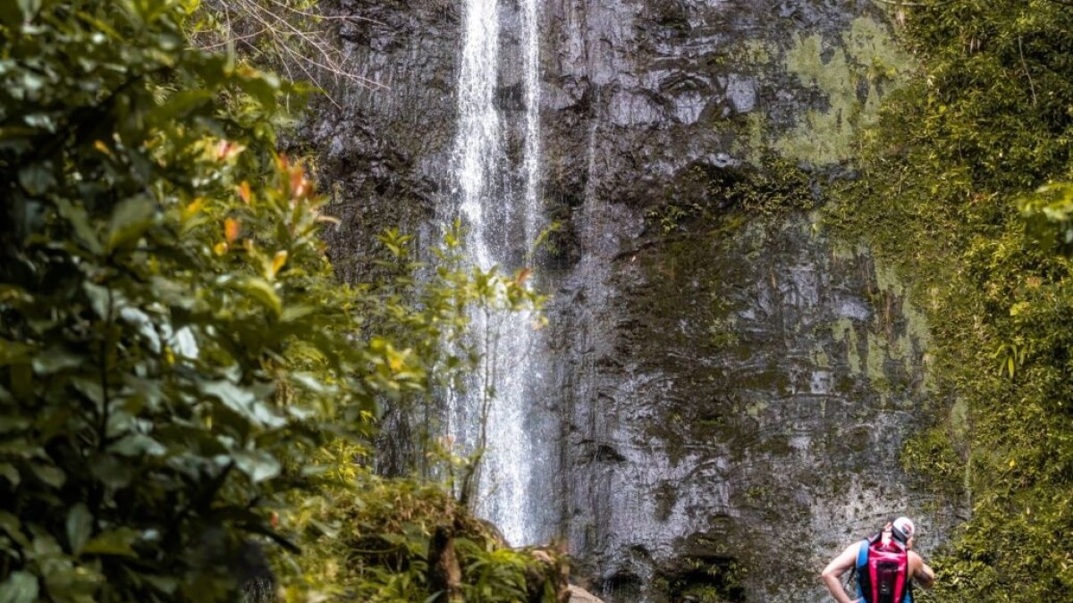 a person riding on the back of a waterfall