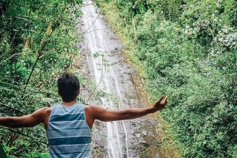 a young boy standing next to a tree