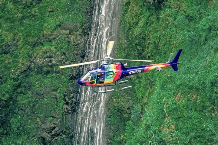 a small plane flying over a forest
