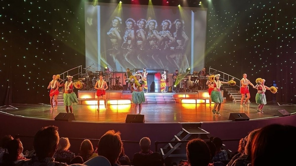 a group of people watching a band on stage in front of a crowd