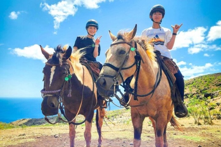 Two people on horseback with ocean and blue sky in the background, making hand gestures and smiling.