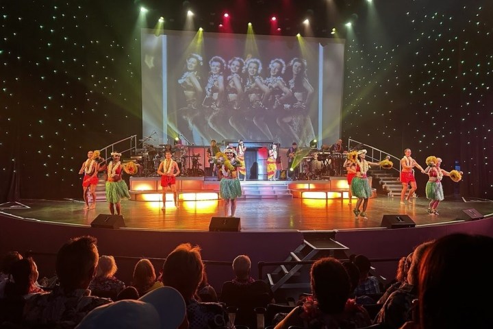 a group of people watching a band on stage in front of a crowd