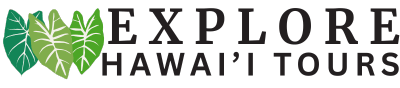 Logo with green leaves and text 'Explore Hawai'i Tours'.