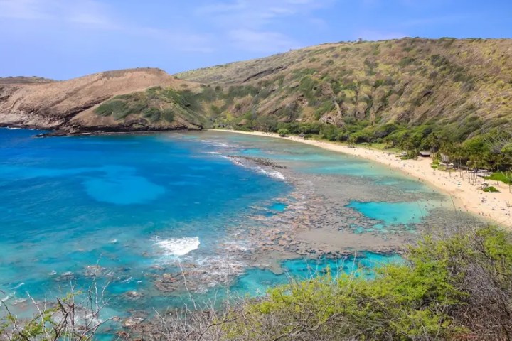 Scenic view of a beach with clear blue water and surrounding green hills.